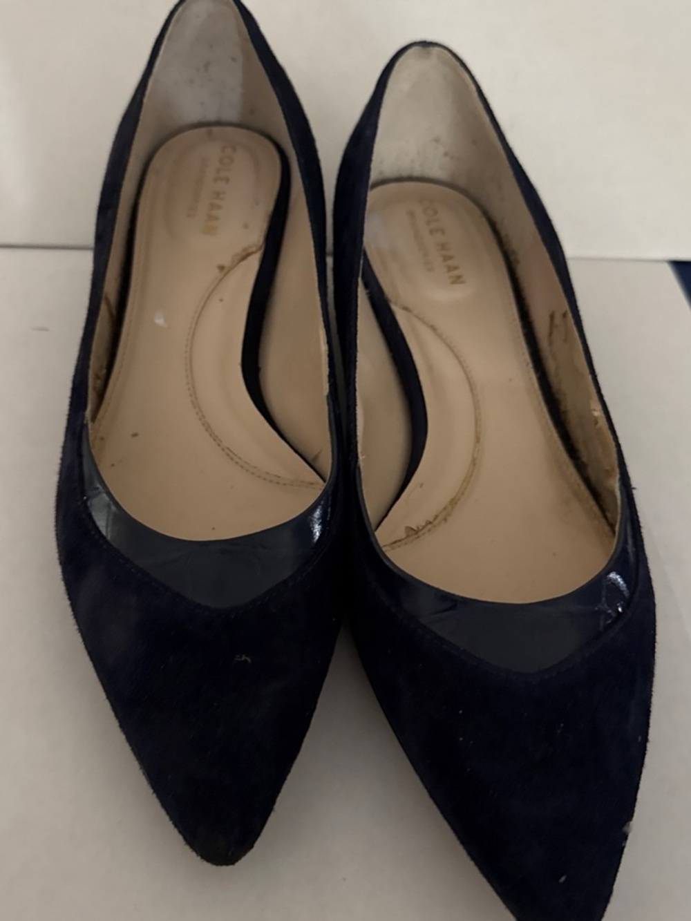 Cole Haan Navy Pointed Toe Suede Flats with Patent Trim